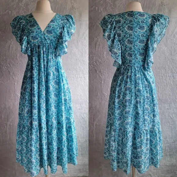 RHODE Aqua Lotus Tasha Midi Dress Size 4 Floral Print Flutter Cap Sleeve Ruffle - Picture 2 of 16
